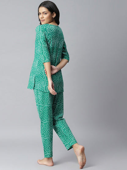 Women's Bandhani Print Cotton Night Suit Set (Green) (Pre-Order)