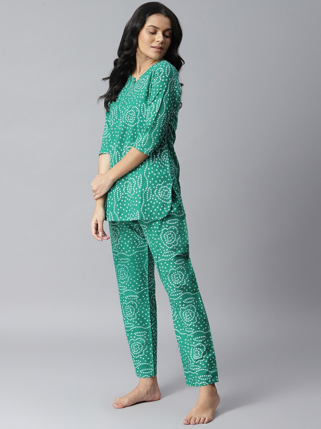 Women's Bandhani Print Cotton Night Suit Set (Green) (Pre-Order)