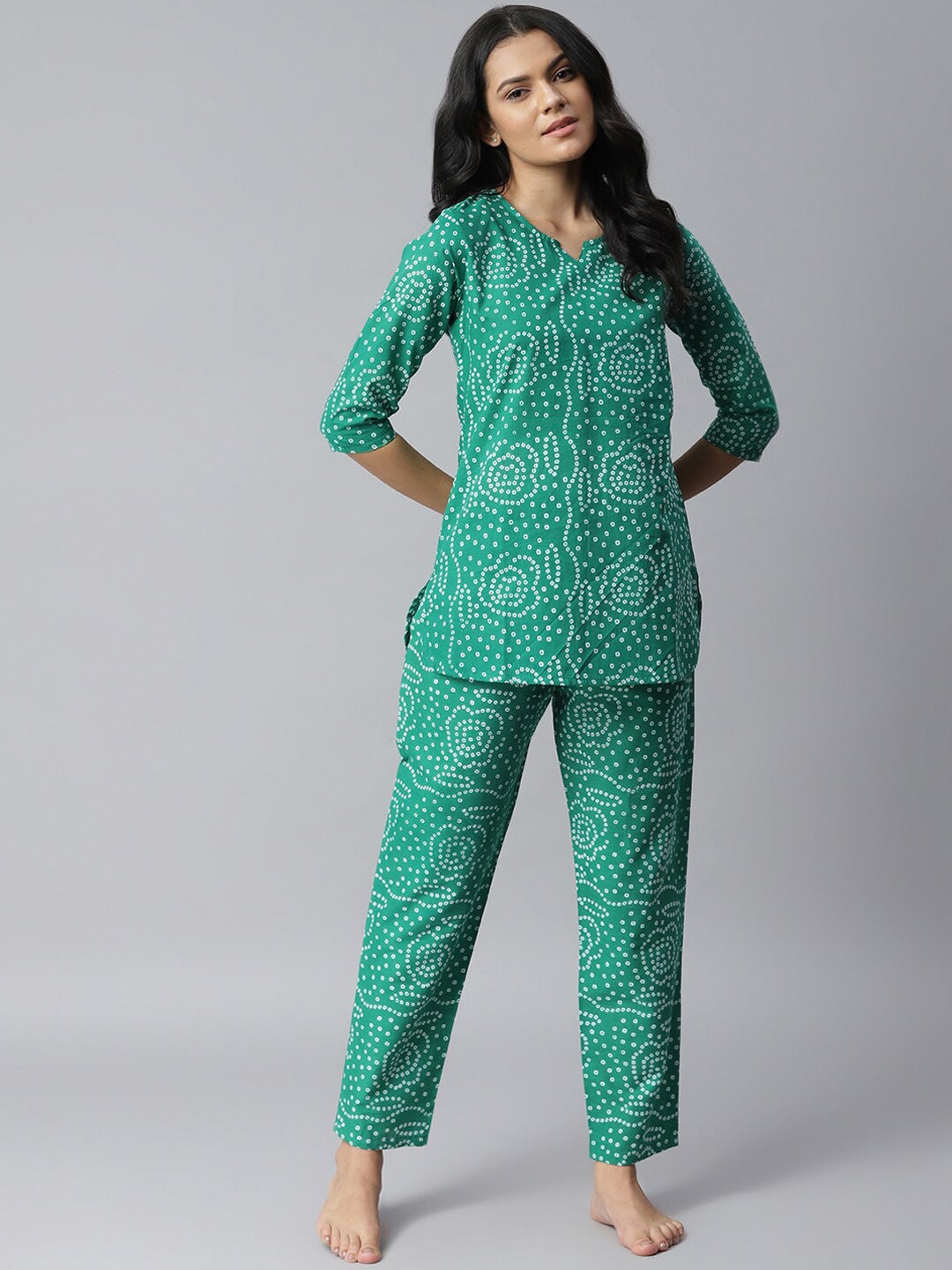 Women's Bandhani Print Cotton Night Suit Set (Green) (Pre-Order)