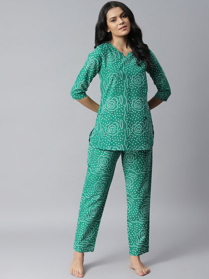 Women's Bandhani Print Cotton Night Suit Set (Green) (Pre-Order)