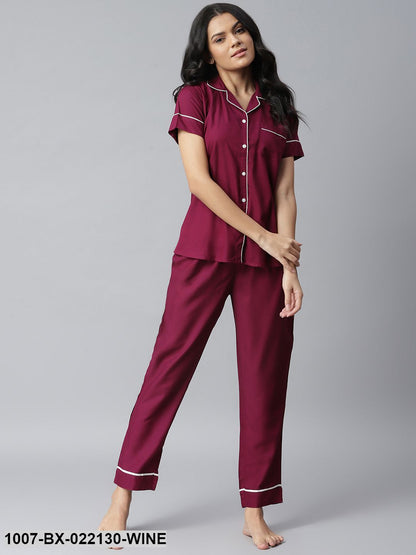 Women's Solid Rayon Night Suit Set (Purple) (Pre-Order)