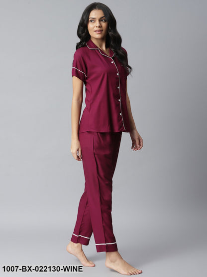 Women's Solid Rayon Night Suit Set (Purple) (Pre-Order)