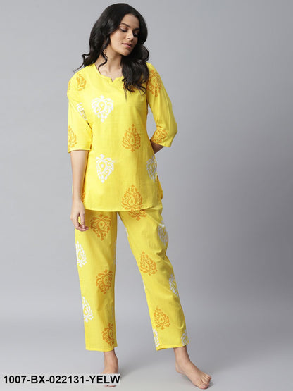 Women's Printed Cotton Night Suit Set (Yellow) (Pre-Order)