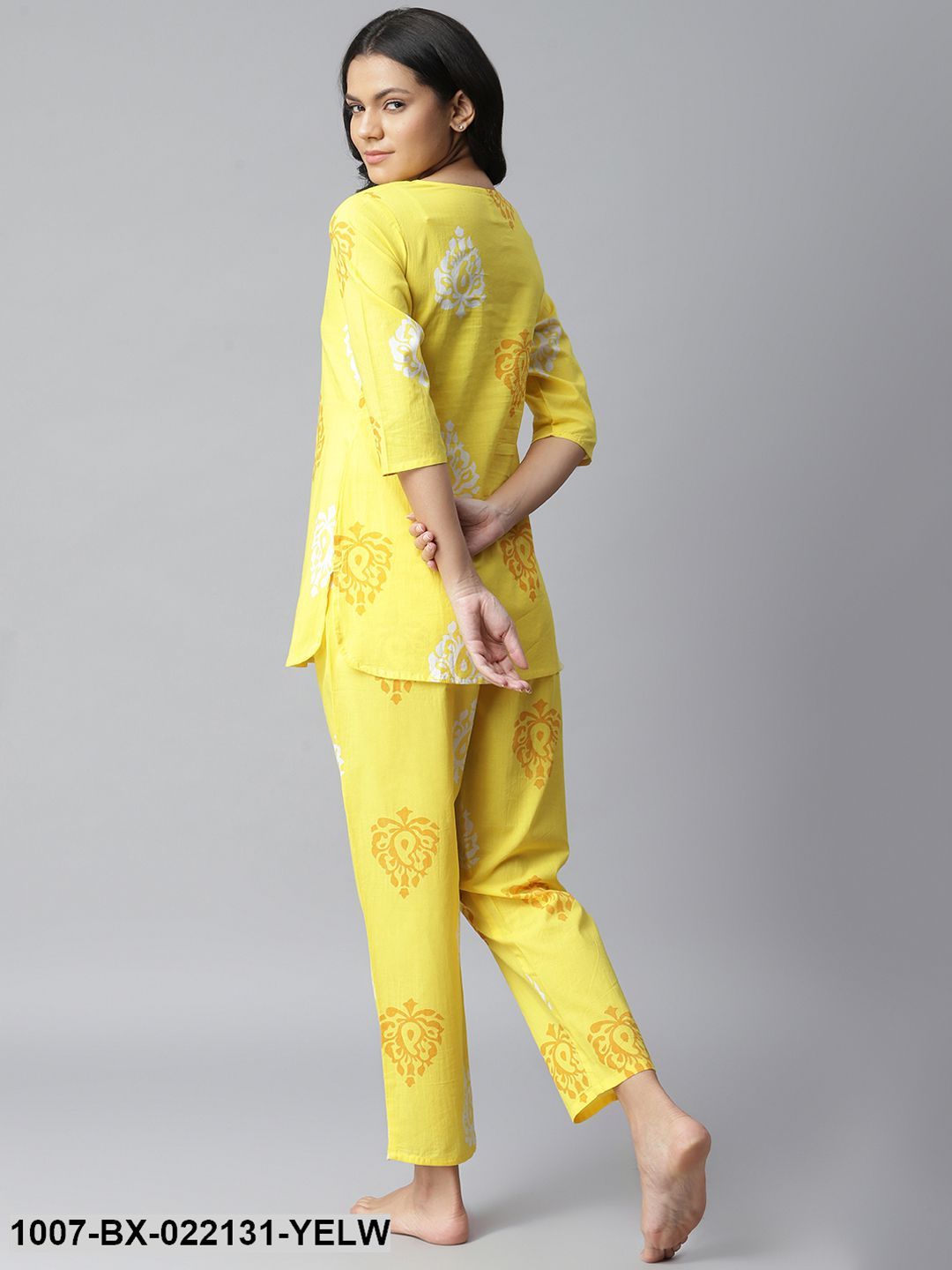 Women's Printed Cotton Night Suit Set (Yellow) (Pre-Order)