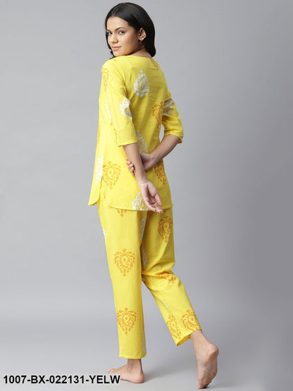 Women's Printed Cotton Night Suit Set (Yellow) (Pre-Order)