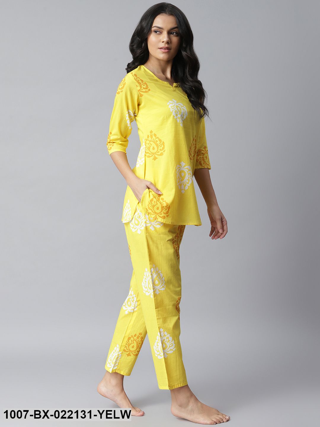 Women's Printed Cotton Night Suit Set (Yellow) (Pre-Order)