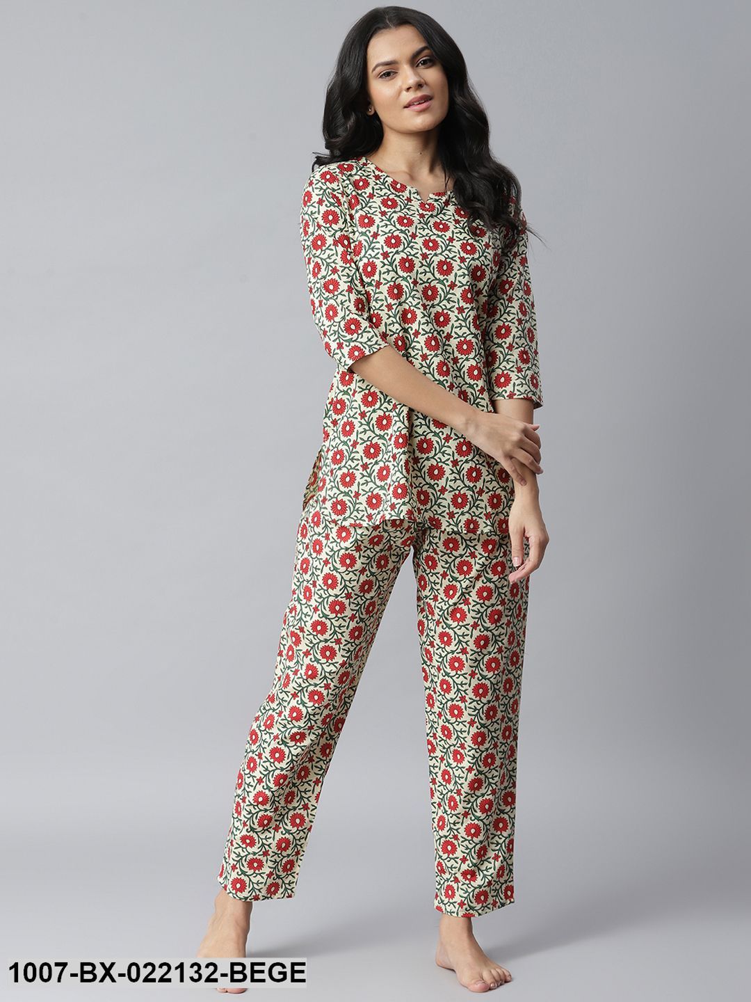 Women's Floral Printed Cotton Night Suit Set (Beige) (Pre-Order)