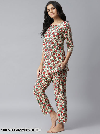 Women's Floral Printed Cotton Night Suit Set (Beige) (Pre-Order)