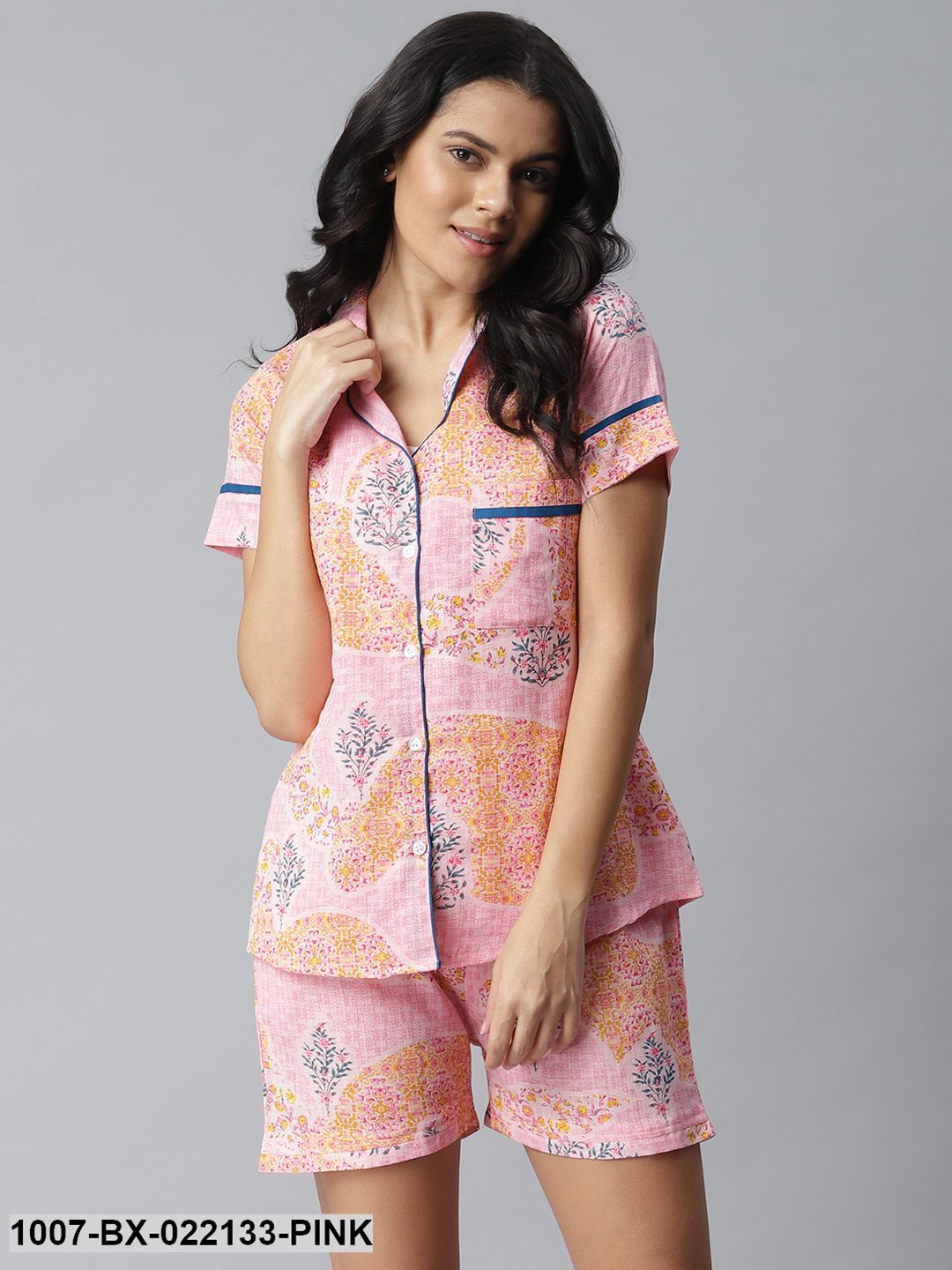 Women's Printed Cotton Slub Night Suit Set (Light Pink) (Pre-Order)