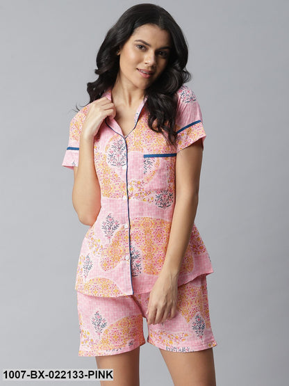 Women's Printed Cotton Slub Night Suit Set (Light Pink) (Pre-Order)