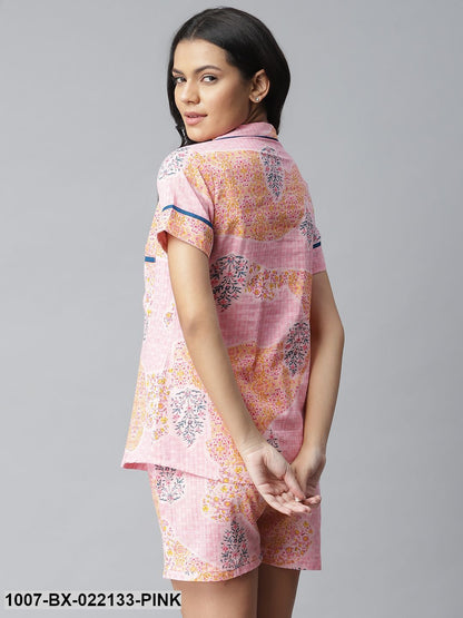 Women's Printed Cotton Slub Night Suit Set (Light Pink) (Pre-Order)