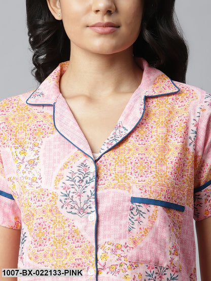Women's Printed Cotton Slub Night Suit Set (Light Pink) (Pre-Order)