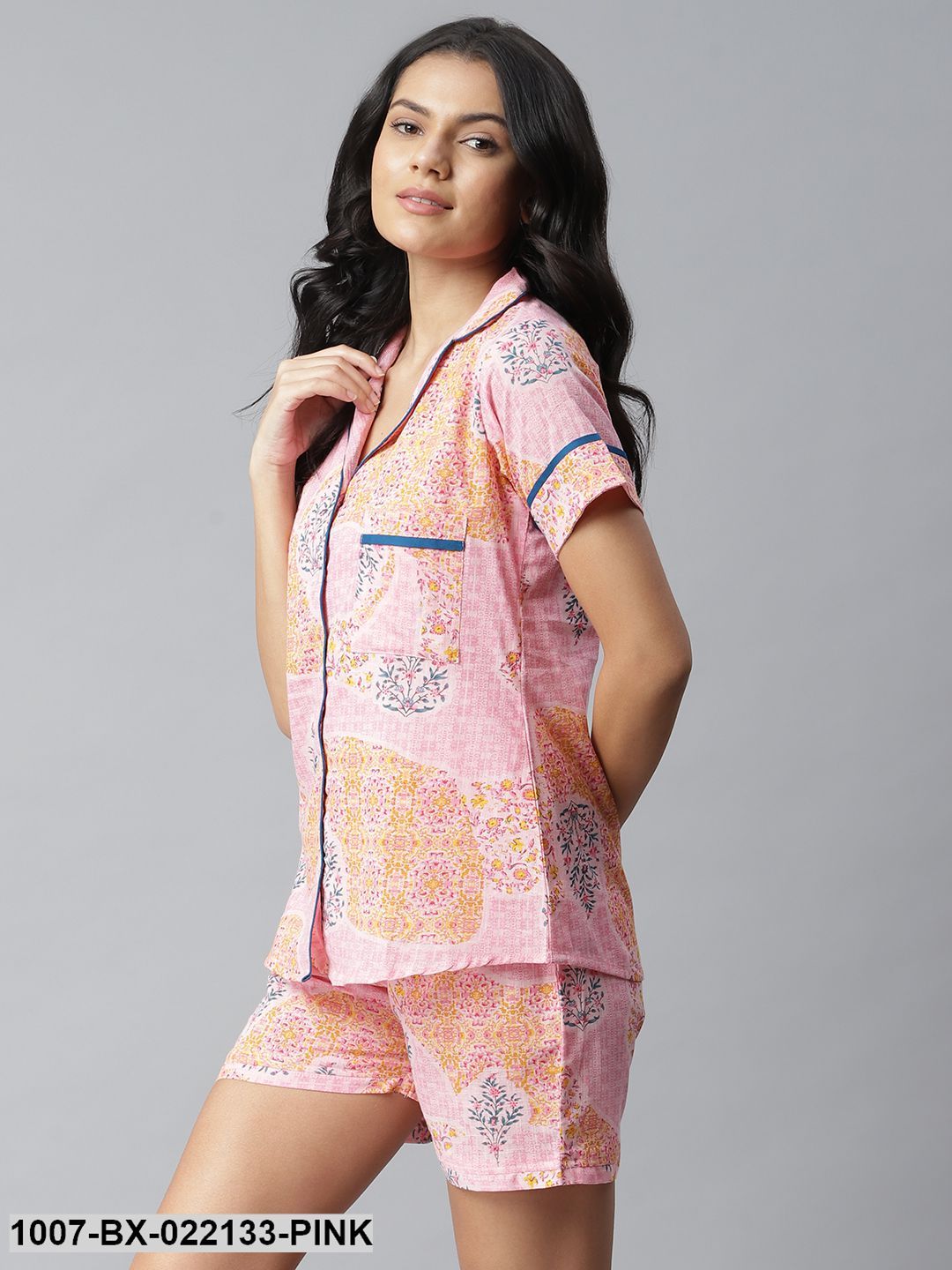 Women's Printed Cotton Slub Night Suit Set (Light Pink) (Pre-Order)