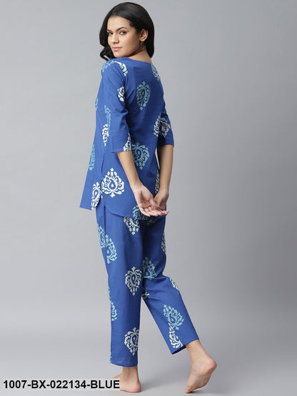 Women's Printed Cotton Night Suit Set (Blue) (Pre-Order)