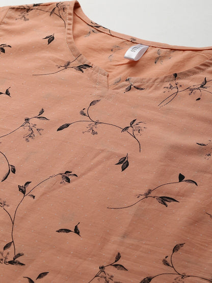 Women's Printed Cotton Night Suit Set (Peach) (Pre-Order)