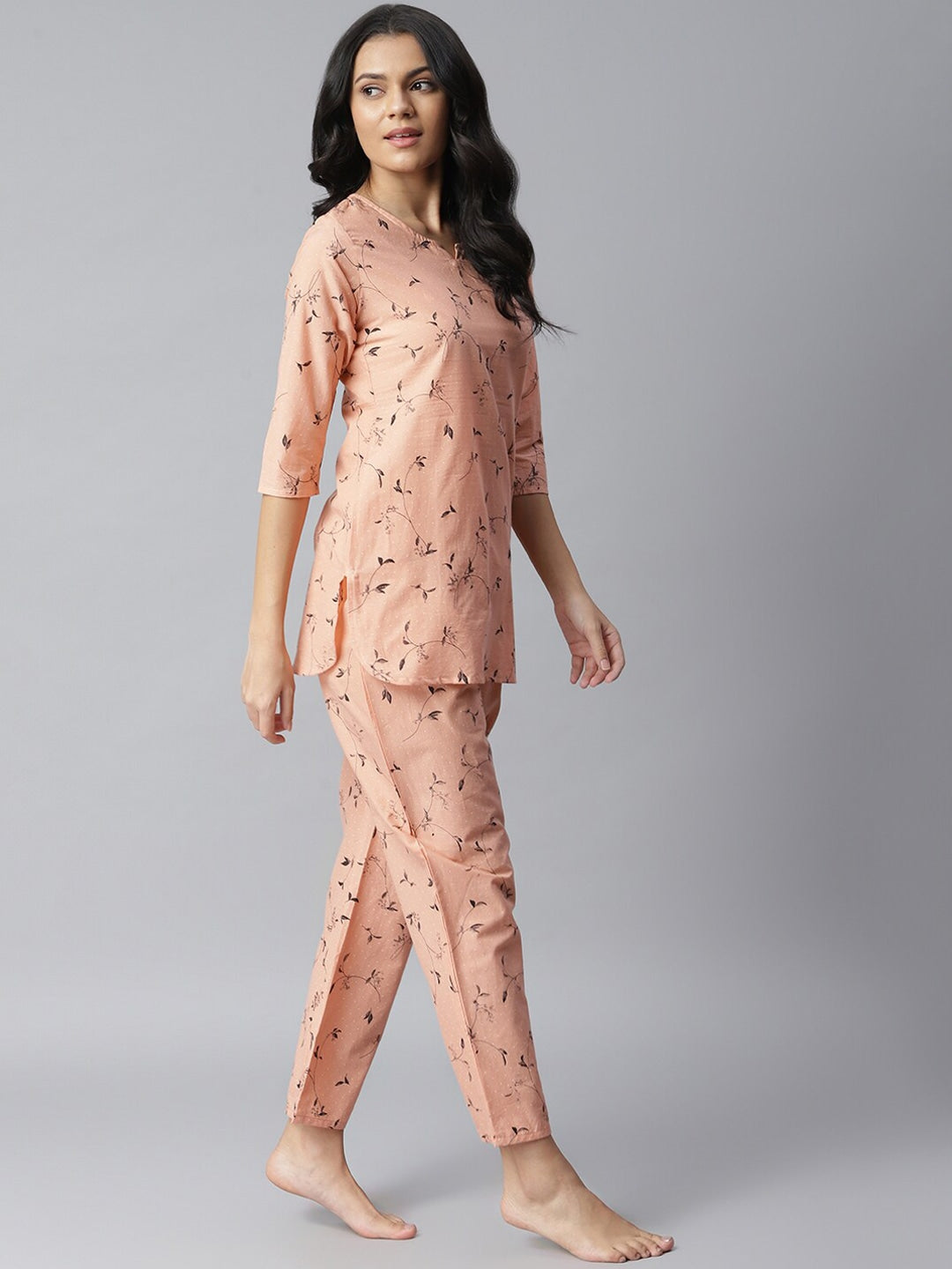 Women's Printed Cotton Night Suit Set (Peach) (Pre-Order)