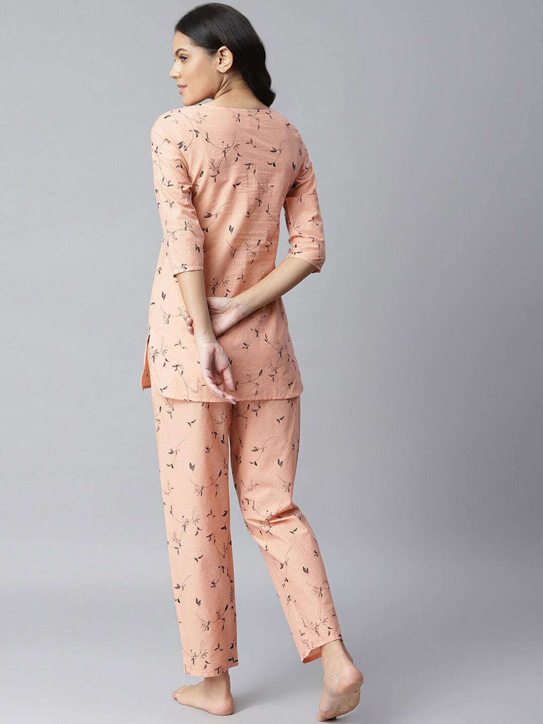 Women's Printed Cotton Night Suit Set (Peach) (Pre-Order)