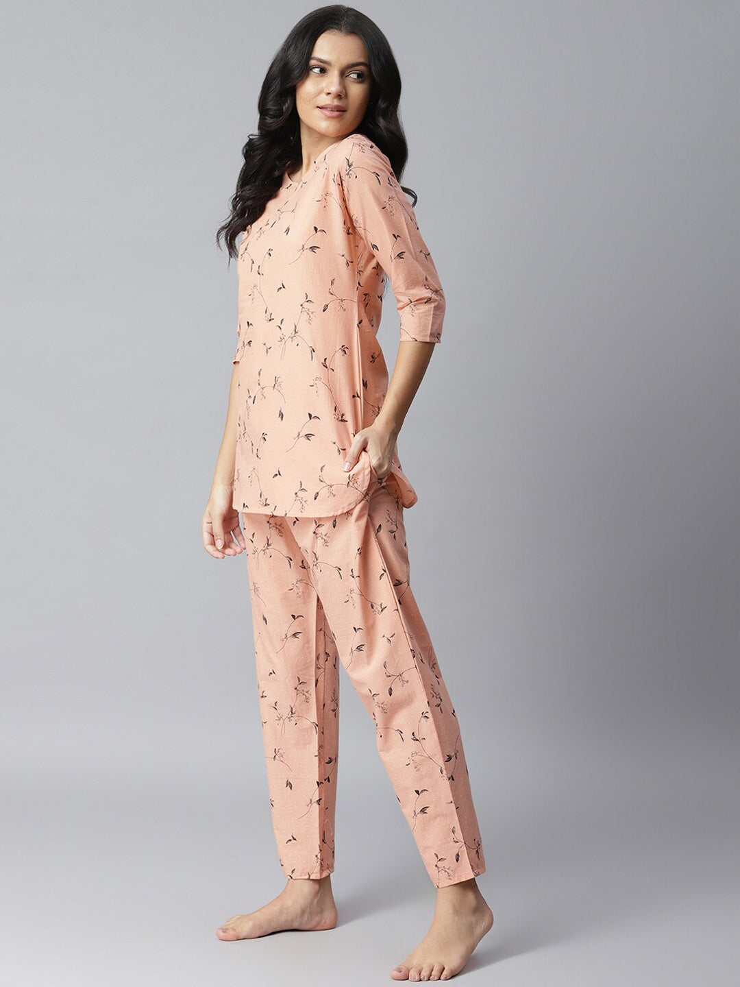 Women's Printed Cotton Night Suit Set (Peach) (Pre-Order)