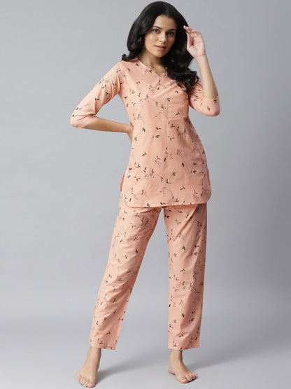 Women's Printed Cotton Night Suit Set (Peach) (Pre-Order)