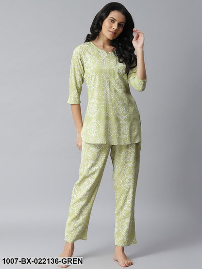 Women's Printed Rayon Night Suit Set (Light Green) (Pre-Order)