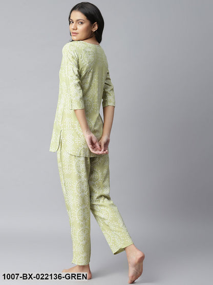 Women's Printed Rayon Night Suit Set (Light Green) (Pre-Order)