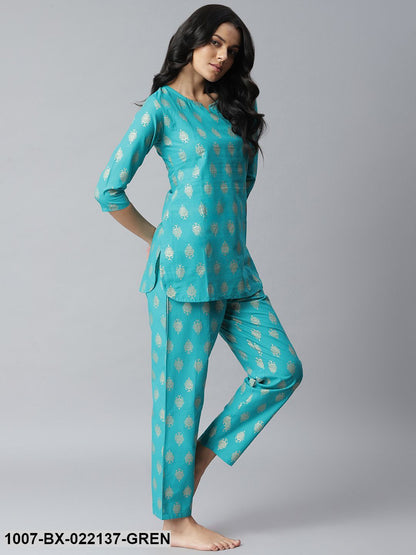 Women's Gold Print Cotton Night Suit Set (Pre-Order)