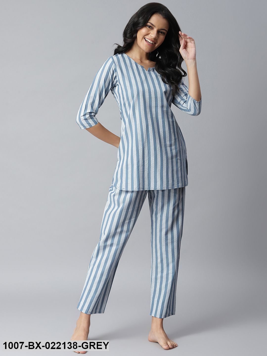 Women's Striped Cotton Night Suit Set (Grey) (Pre-Order)