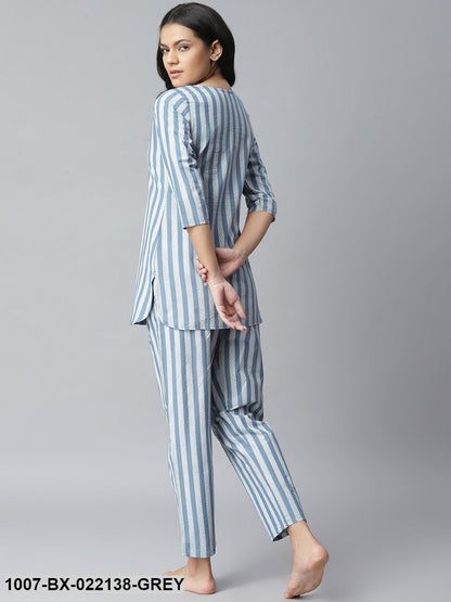 Women's Striped Cotton Night Suit Set (Grey) (Pre-Order)