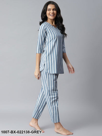 Women's Striped Cotton Night Suit Set (Grey) (Pre-Order)