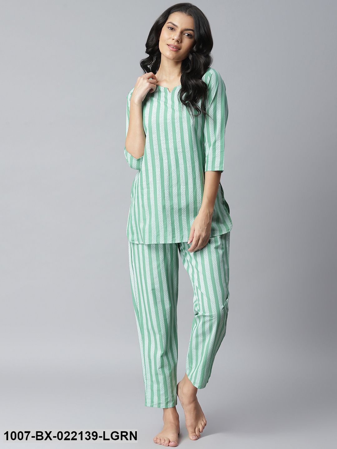 Women's Striped Cotton Night Suit Set (Light Green) (Pre-Order)