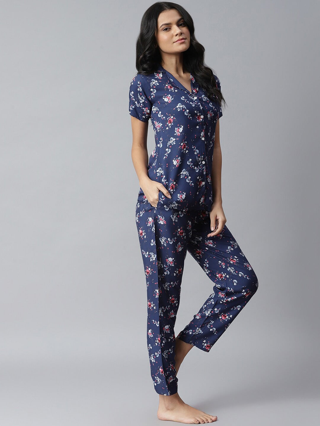 Women's Floral Printed Rayon Night Suit Set (Blue) (Pre-Order)