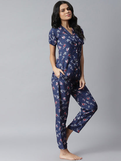 Women's Floral Printed Rayon Night Suit Set (Blue) (Pre-Order)