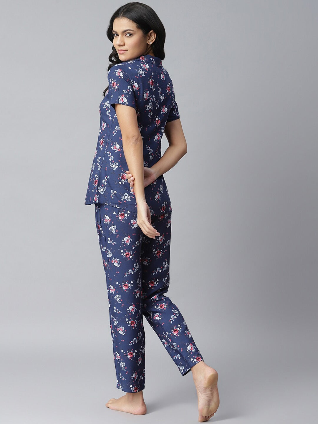 Women's Floral Printed Rayon Night Suit Set (Blue) (Pre-Order)