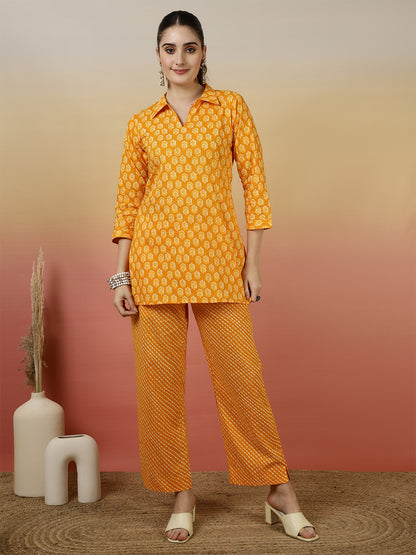 Women Cotton Printed Collar Neck Co-Ord Sets With Trousers