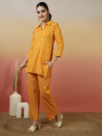Women Cotton Printed Collar Neck Co-Ord Sets With Trousers