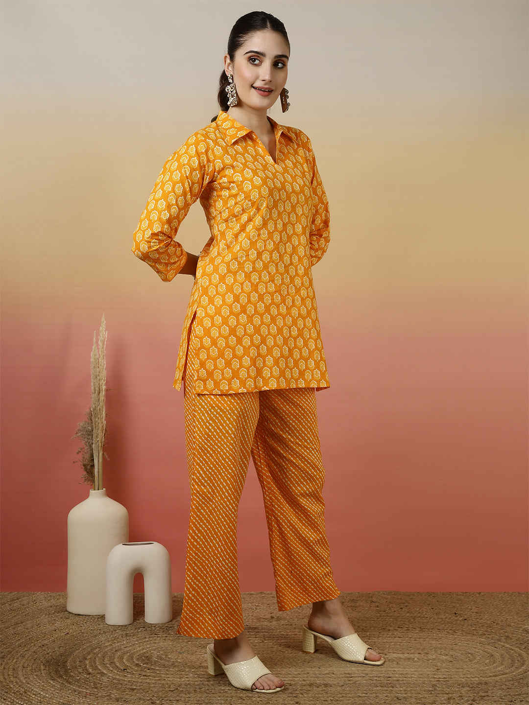 Women Cotton Printed Collar Neck Co-Ord Sets With Trousers