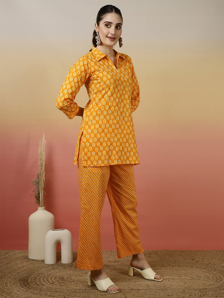 Women Cotton Printed Collar Neck Co-Ord Sets With Trousers