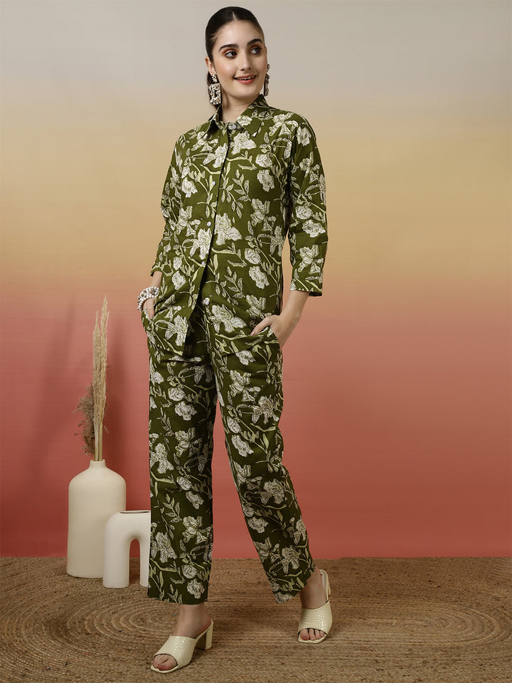 Women Cotton Printed Collar Neck Co-Ord Sets With Trousers