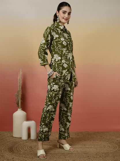 Women Cotton Printed Collar Neck Co-Ord Sets With Trousers