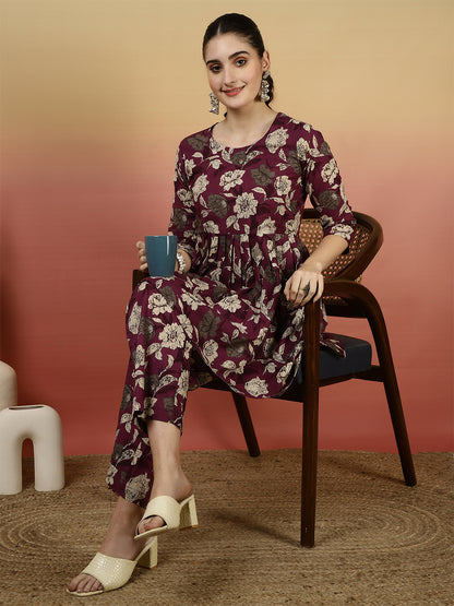 Women Cotton Printed Round Neck Co-Ord Sets With Trousers