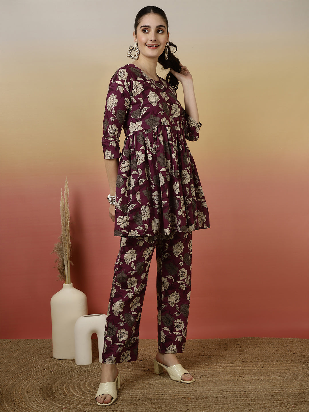 Women Cotton Printed Round Neck Co-Ord Sets With Trousers