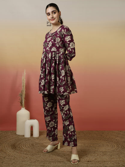 Women Cotton Printed Round Neck Co-Ord Sets With Trousers