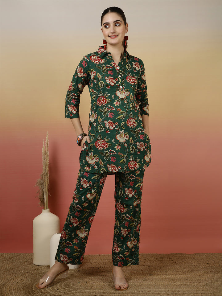 Women Cotton Printed Collar Neck Co-Ord Sets With Trousers