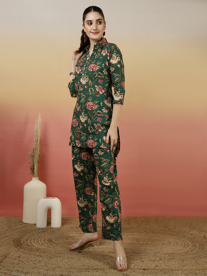 Women Cotton Printed Collar Neck Co-Ord Sets With Trousers