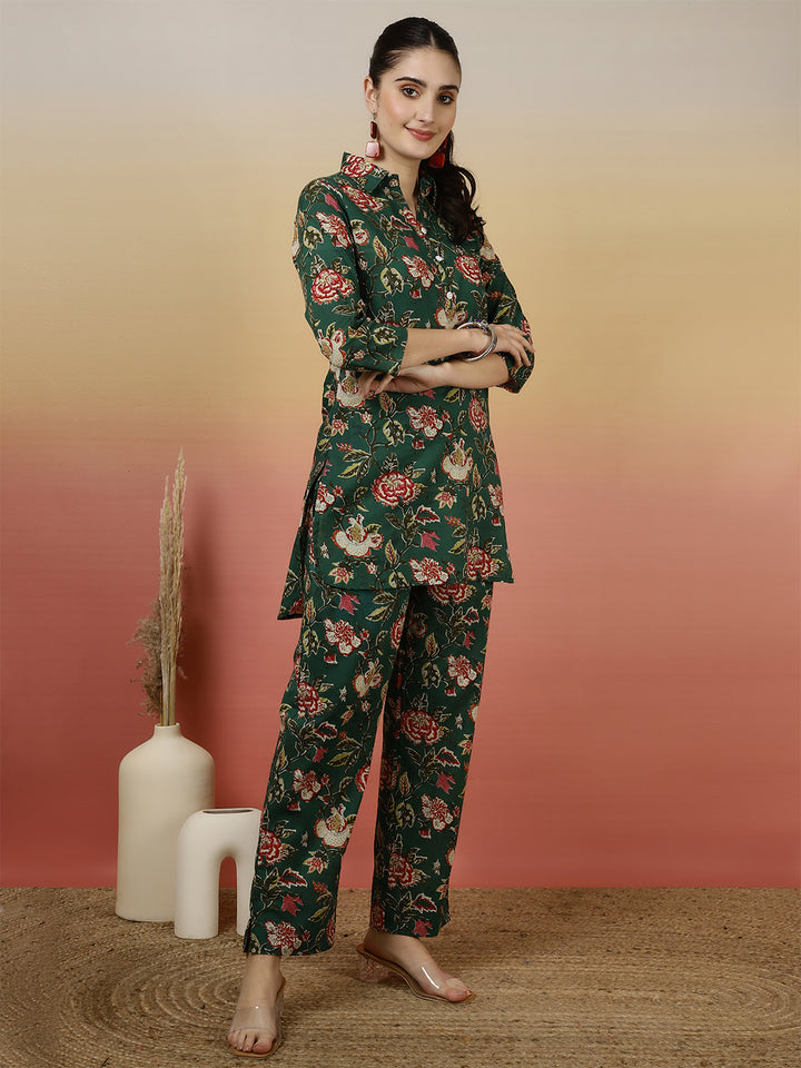 Women Cotton Printed Collar Neck Co-Ord Sets With Trousers