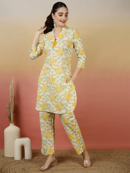Women Cotton Printed Collar Neck Co-Ord Sets With Trousers