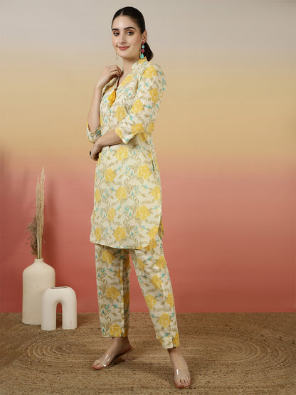 Women Cotton Printed Collar Neck Co-Ord Sets With Trousers