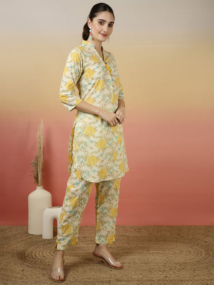 Women Cotton Printed Collar Neck Co-Ord Sets With Trousers