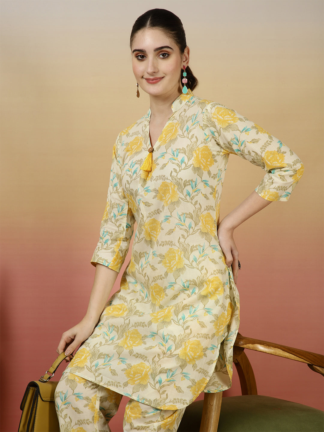 Women Cotton Printed Collar Neck Co-Ord Sets With Trousers