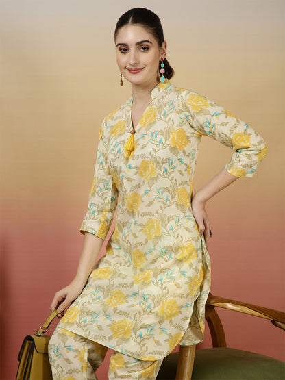 Women Cotton Printed Collar Neck Co-Ord Sets With Trousers